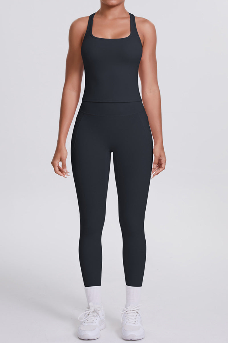 Women Naked-Feel Yoga Set: High-Waisted Pocket Leggings + Square Neck Sports Bra