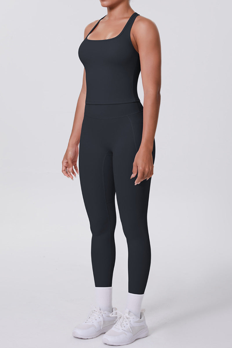 Women Naked-Feel Yoga Set: High-Waisted Pocket Leggings + Square Neck Sports Bra
