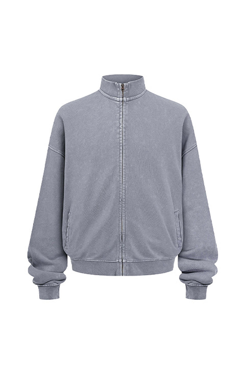Men/Women Vintage Washed Zip-up Sweatshirt - Pure Cotton Terry Stand-up Collar