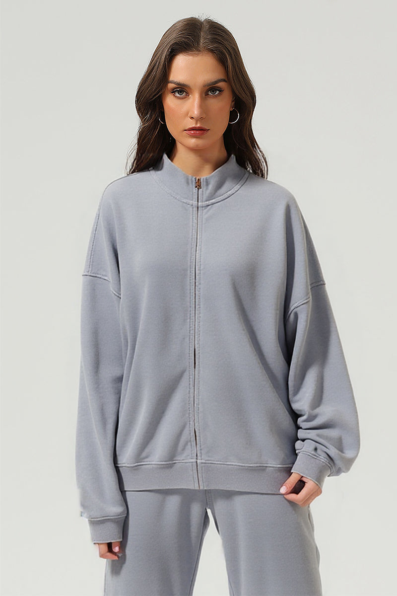 Men/Women Vintage Washed Zip-up Sweatshirt - Pure Cotton Terry Stand-up Collar