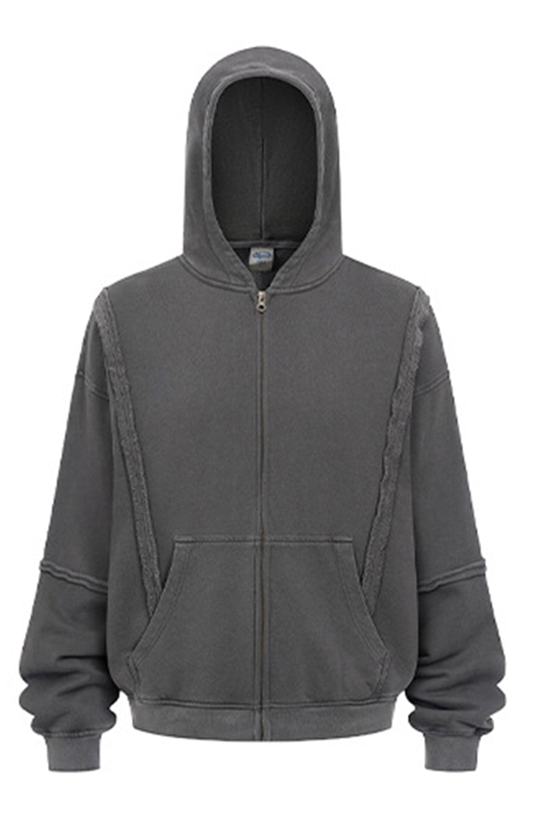 Men/Women Patchwork Raw Edge Vintage Snow Wash Zip Hoodie