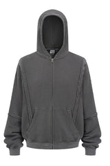 Men/Women Patchwork Raw Edge Vintage Snow Wash Zip Hoodie