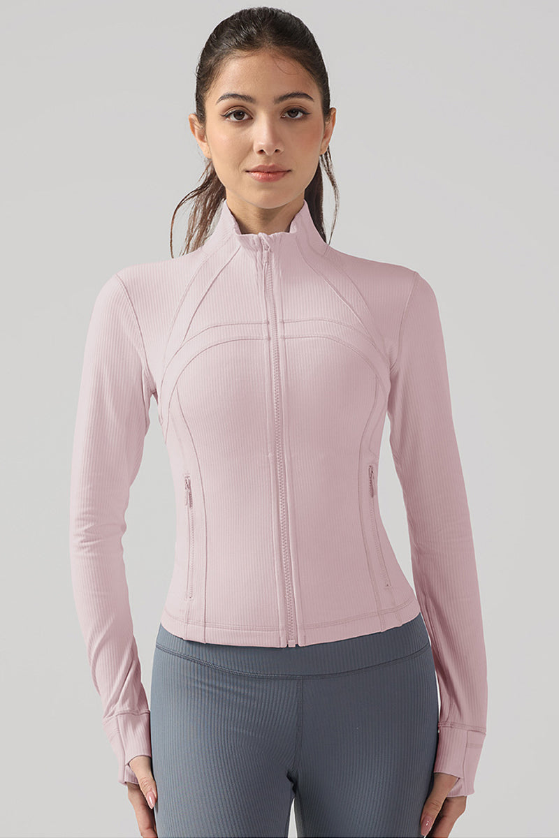 Women Ribbed Zip-Up High-Stretch Quick-Dry Fitness Jacket
