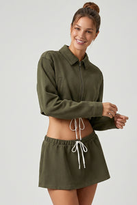 Women's Sets:Cropped Zip-Up Jacket Drawstring Mini Skirt