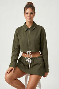 Women's Sets:Cropped Zip-Up Jacket Drawstring Mini Skirt