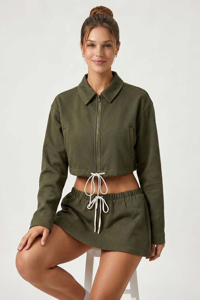 Women's Sets:Cropped Zip-Up Jacket Drawstring Mini Skirt