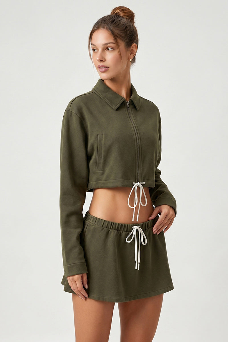 Women's Sets:Cropped Zip-Up Jacket Drawstring Mini Skirt