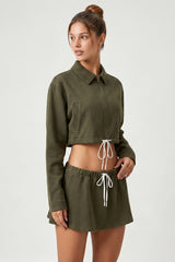 Women's Sets:Cropped Zip-Up Jacket Drawstring Mini Skirt