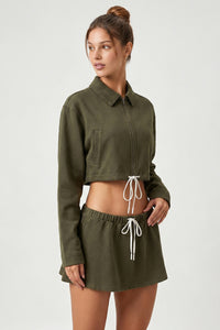 Women's Sets:Cropped Zip-Up Jacket Drawstring Mini Skirt