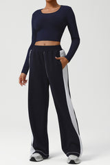 Women Color-Block Ribbed Lounge Set: Cropped Long-Sleeve Top + High-Waist Wide-Leg Pants