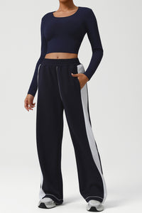 Women Color-Block Ribbed Lounge Set: Cropped Long-Sleeve Top + High-Waist Wide-Leg Pants