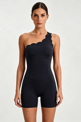 Women's One-Shoulder Scalloped Edge Short Leg Yoga Jumpsuits