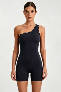 Women's One-Shoulder Scalloped Edge Short Leg Yoga Jumpsuits