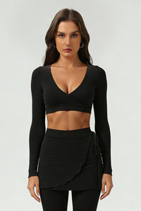 Women's Cross V-Neck Long Sleeve Side Tie Yoga Set - Solid