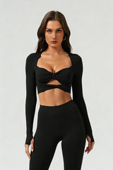 Women's Athletic Cropped Twist-Front Long Sleeves Top