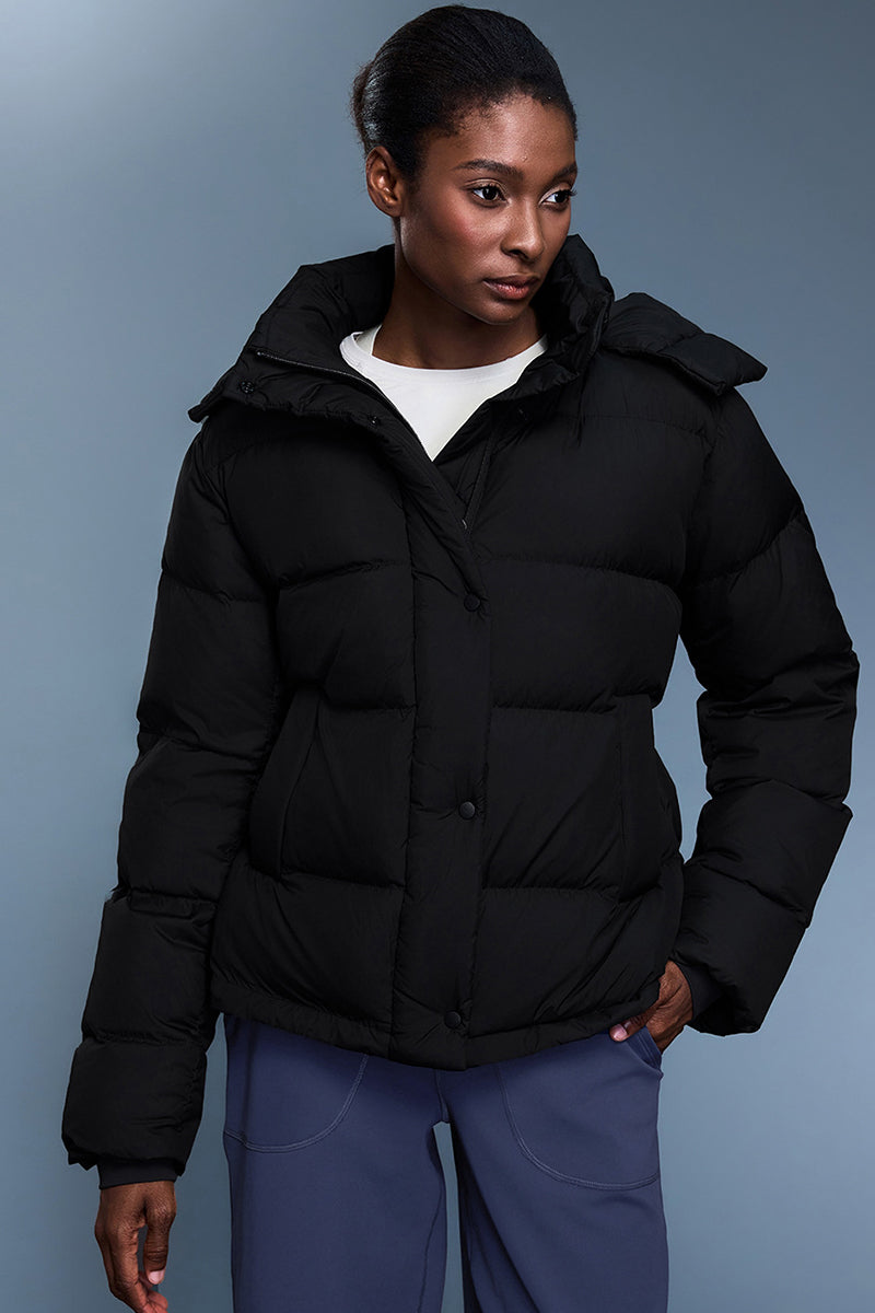 Women Quilted Waist-Cinching Hooded Down Jacket
