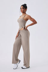Women Square-Neck Cross-Back Yoga Set: Adjustable Sports Bra + Wide-Leg Pants