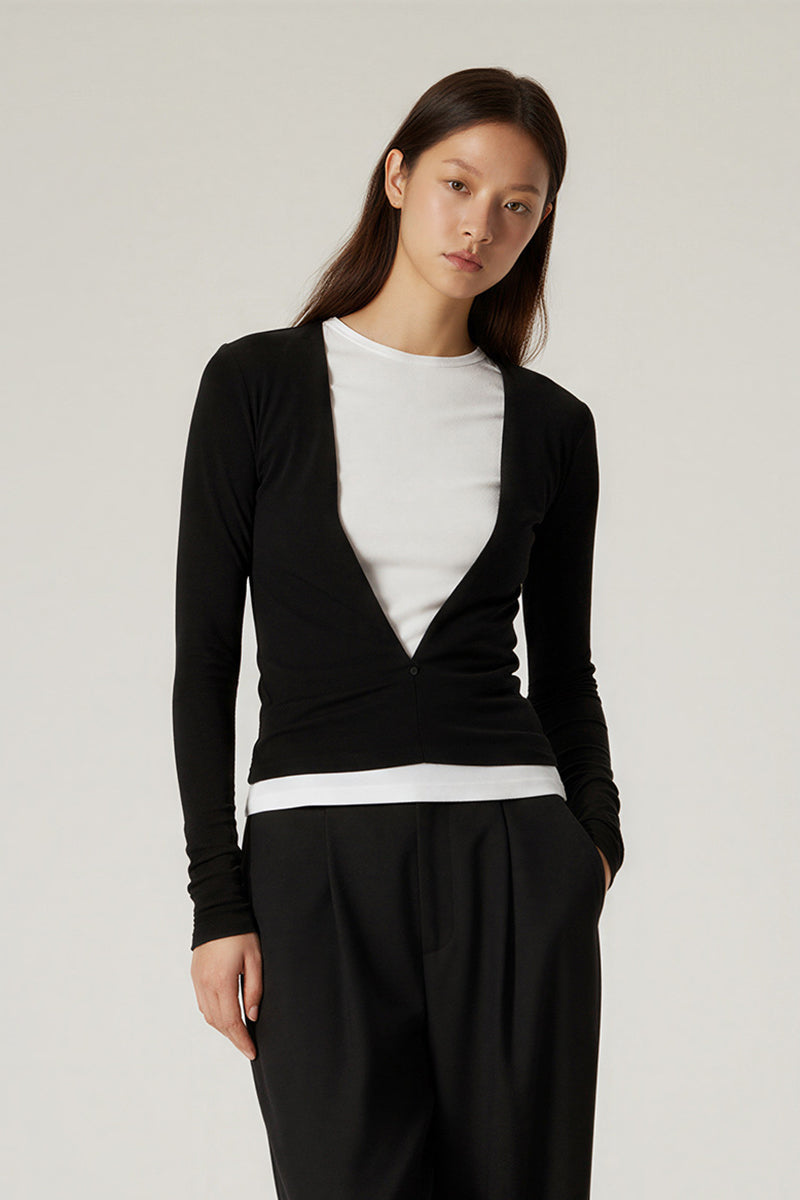 Women V-Neck Tencel-Wool Soft Stretch Relaxed-Fit Long-Sleeve Knit Top