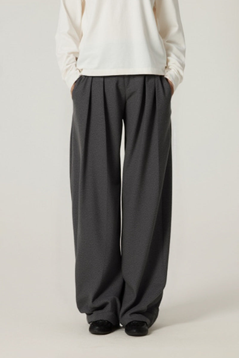 Women Mid-Low Waist Wide-Leg Pleated Trousers - Textured Polyester Blend