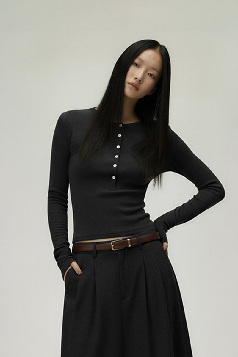 Women Slim Fit Henley Neck Long Sleeve T-Shirt - Tencel? Blend