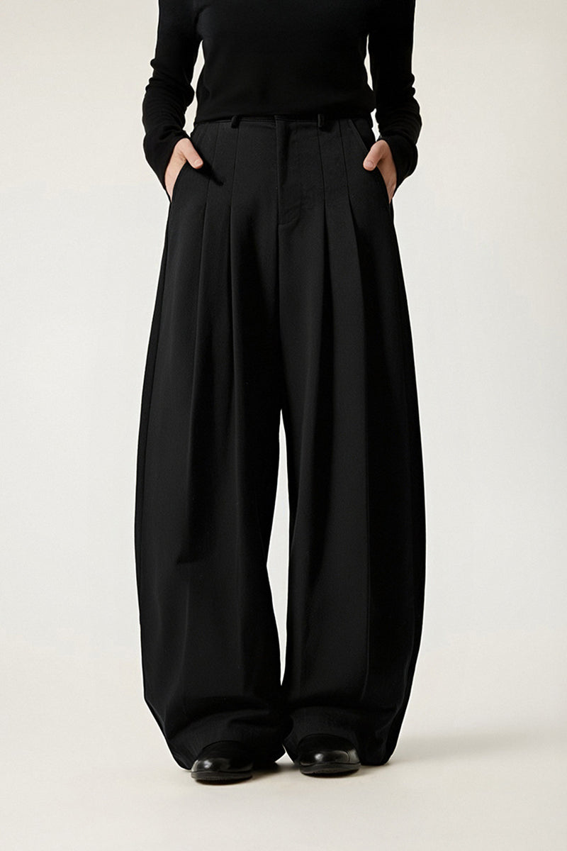 Women High-Waisted Wide-Leg Pleated Trousers - British Twill Cotton
