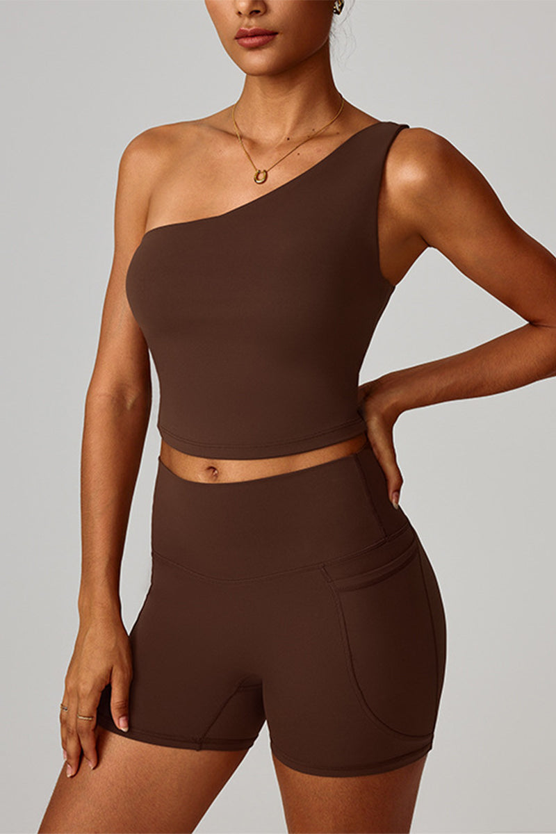 Women Cloud-Feel Quick-Dry Yoga Set: Asymmetric Strap Bra + High-Waist Pocket Shorts