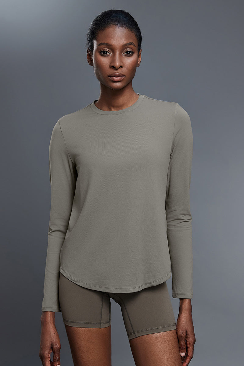 Women Relaxed-Fit Round-Neck Quick-Dry Yoga Workout Long Sleeve Top