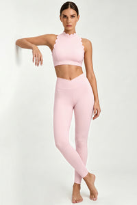 Women's Scallop-Edge High-Neck Top And Leggings Sports Set