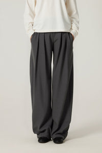 Women Mid-Low Waist Wide-Leg Pleated Trousers - Textured Polyester Blend