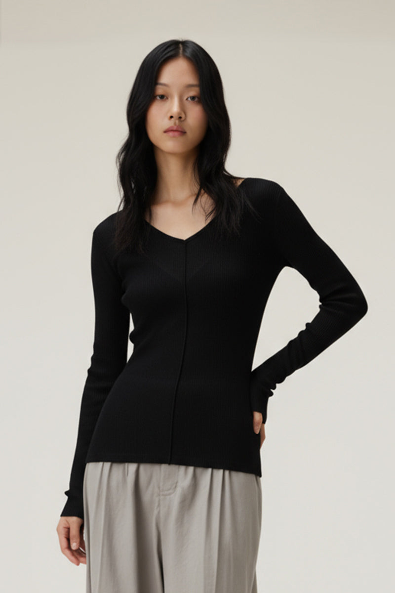 Women V-Neck Tencel-Wool Soft Stretch Relaxed-Fit Long-Sleeve T-Shirt