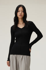 Women V-Neck Tencel-Wool Soft Stretch Relaxed-Fit Long-Sleeve T-Shirt