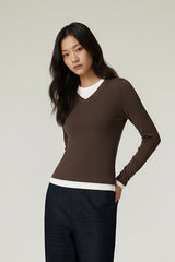 Women V-Neck Layered Slim-Fit Cashmere-Touch Long-Sleeve Knit Top