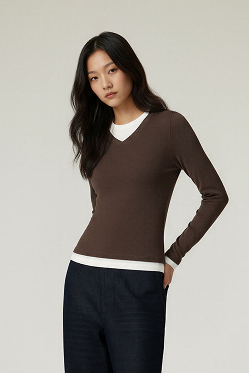 Women V-Neck Layered Slim-Fit Cashmere-Touch Long-Sleeve Knit Top