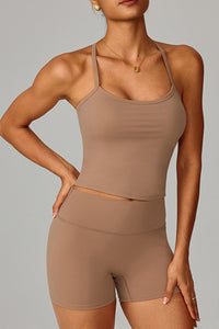 Women Brushed Slim Fit Yoga Set: Square Neck Camisole + High Waist Shorts
