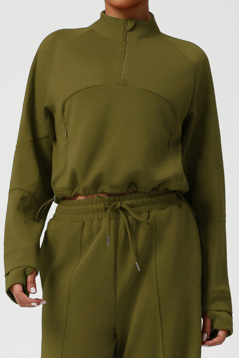 Women Thickened Half-Zip Adjustable-Hem Workout Hoodie