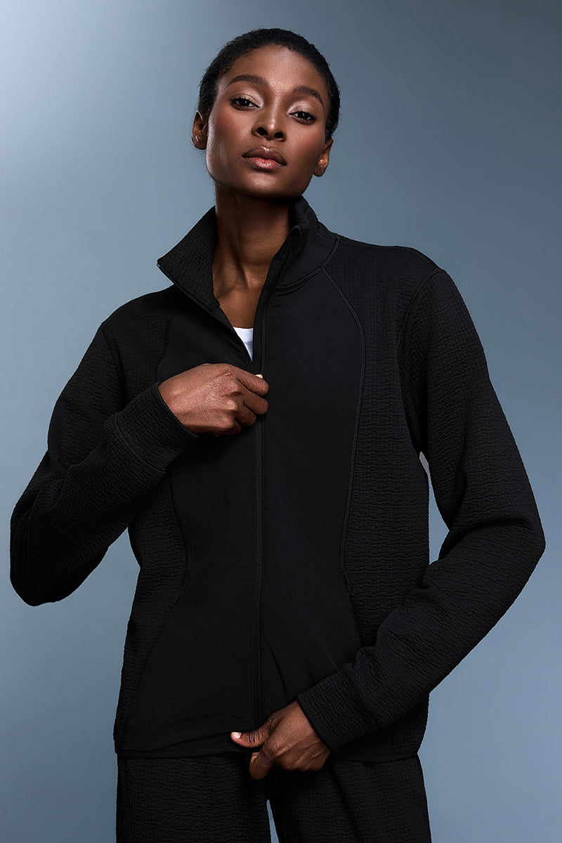 Women Waffle Knit Stand Collar Slim Fit Zip Up Athletic Jacket