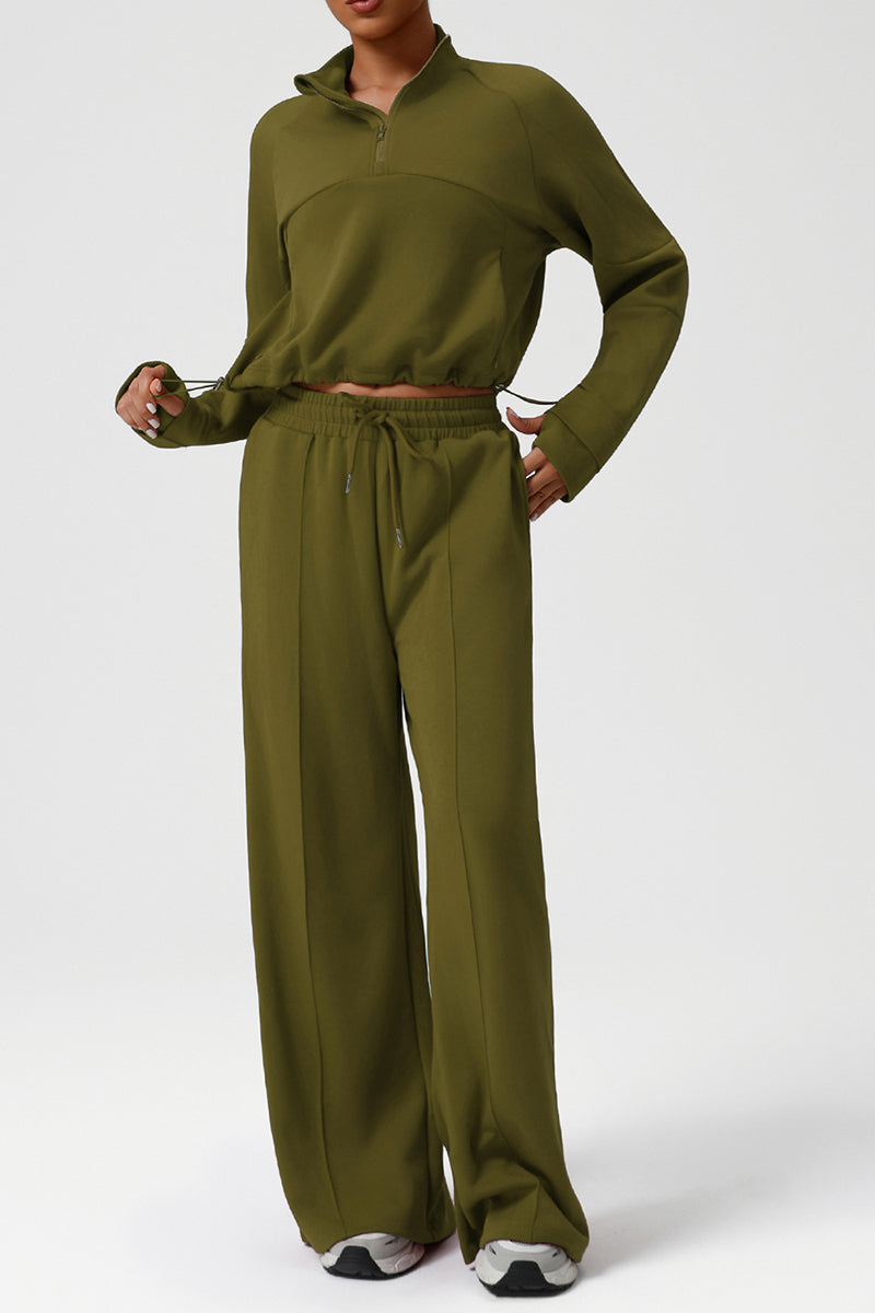 Women Casual Sporty Set: Half Zip Pullover + Wide Leg Pants