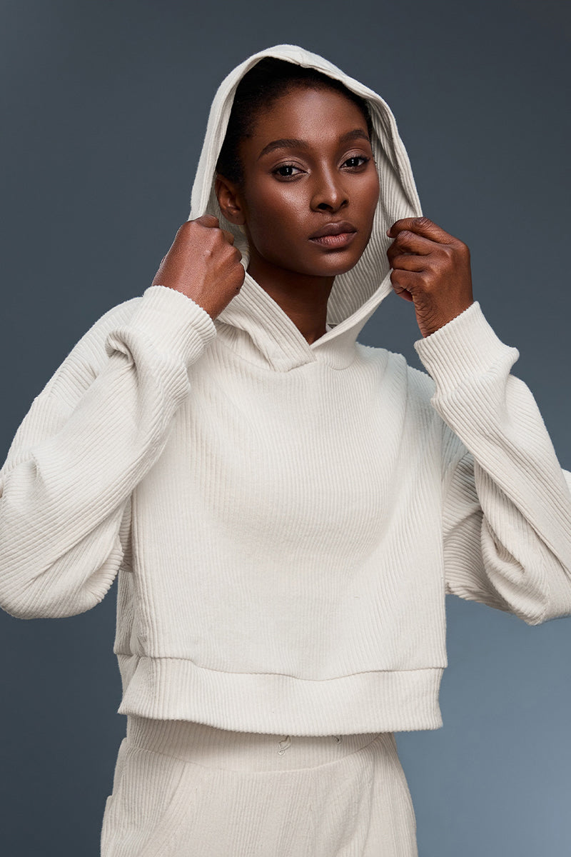 Women Oversized Letter-Striped Knit Hooded Casual Sportswear Sweatshirt