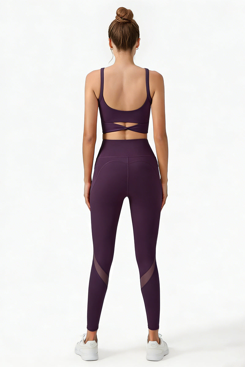 Women's Yoga Sets:Twist-Back Bra And Mesh Panel Leggings