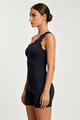Women's One-Shoulder Scalloped Edge Short Leg Yoga Jumpsuits