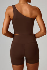 Women Cloud-Feel Quick-Dry Yoga Set: Asymmetric Strap Bra + High-Waist Pocket Shorts