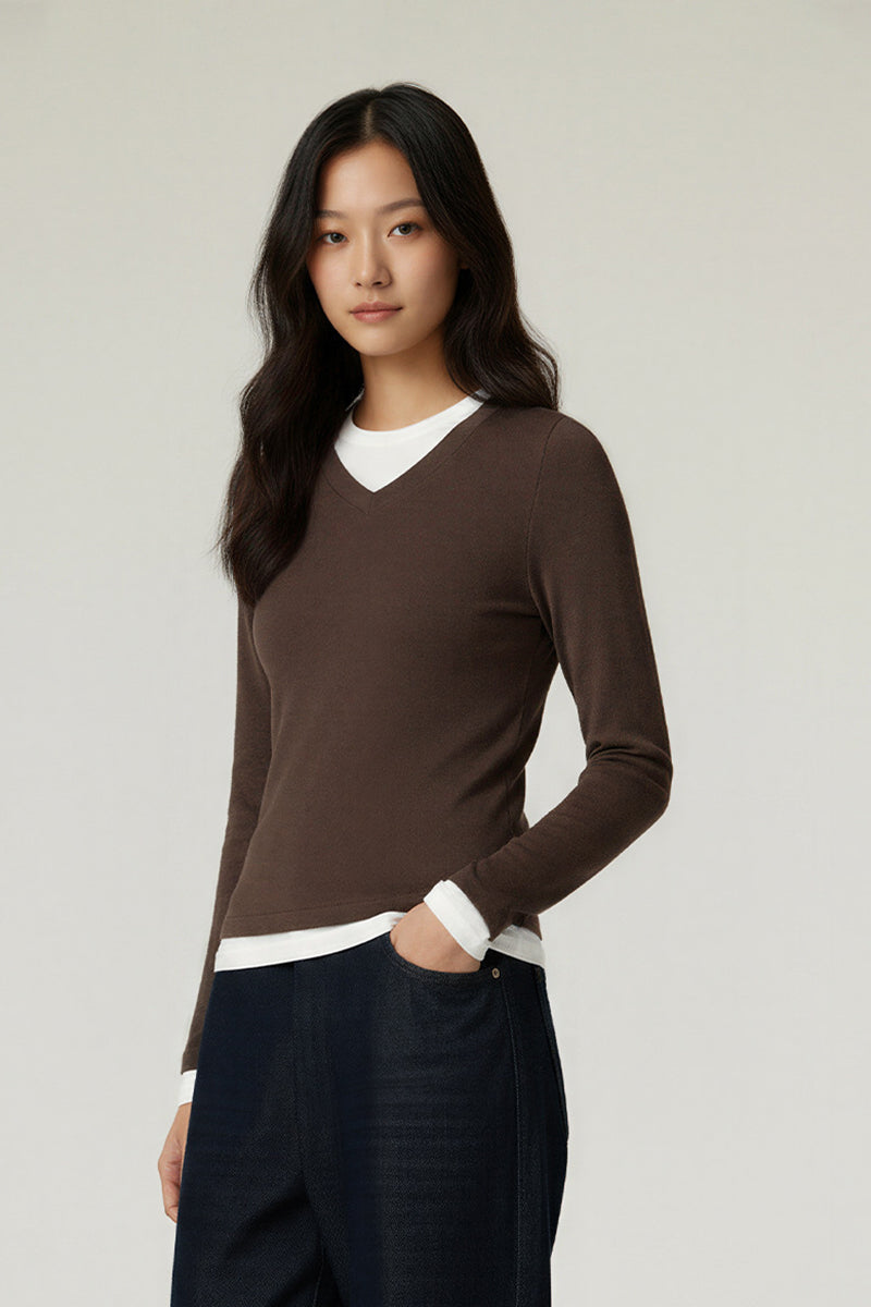 Women V-Neck Layered Slim-Fit Cashmere-Touch Long-Sleeve Knit Top