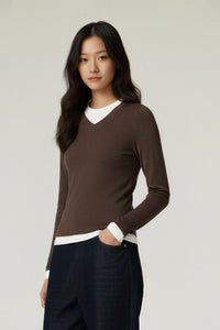 Women V-Neck Layered Slim-Fit Cashmere-Touch Long-Sleeve Knit Top