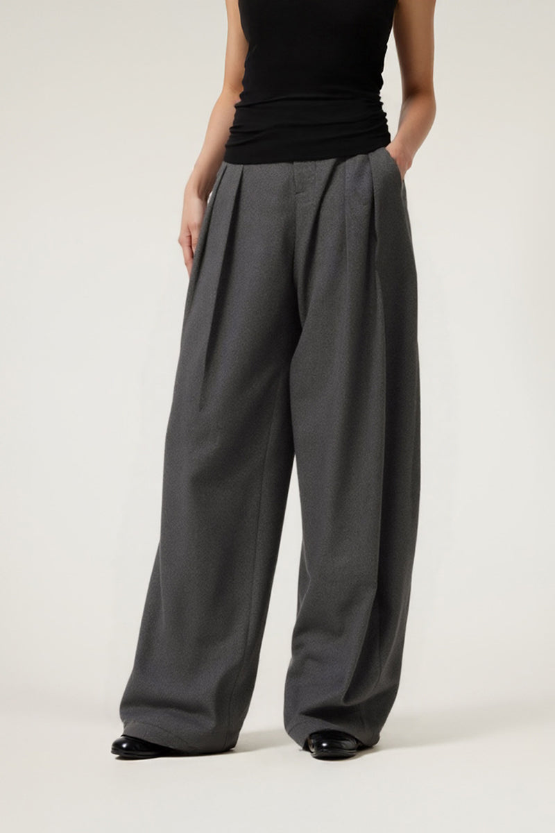 Women Mid-Low Waist Wide-Leg Pleated Trousers - Textured Polyester Blend