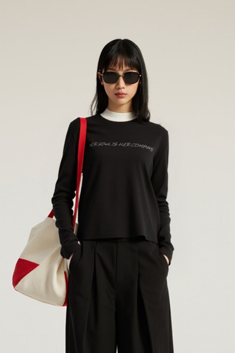 Women Round-Neck Modal-Blend Slim-Fit Printed Short Long-Sleeve Top