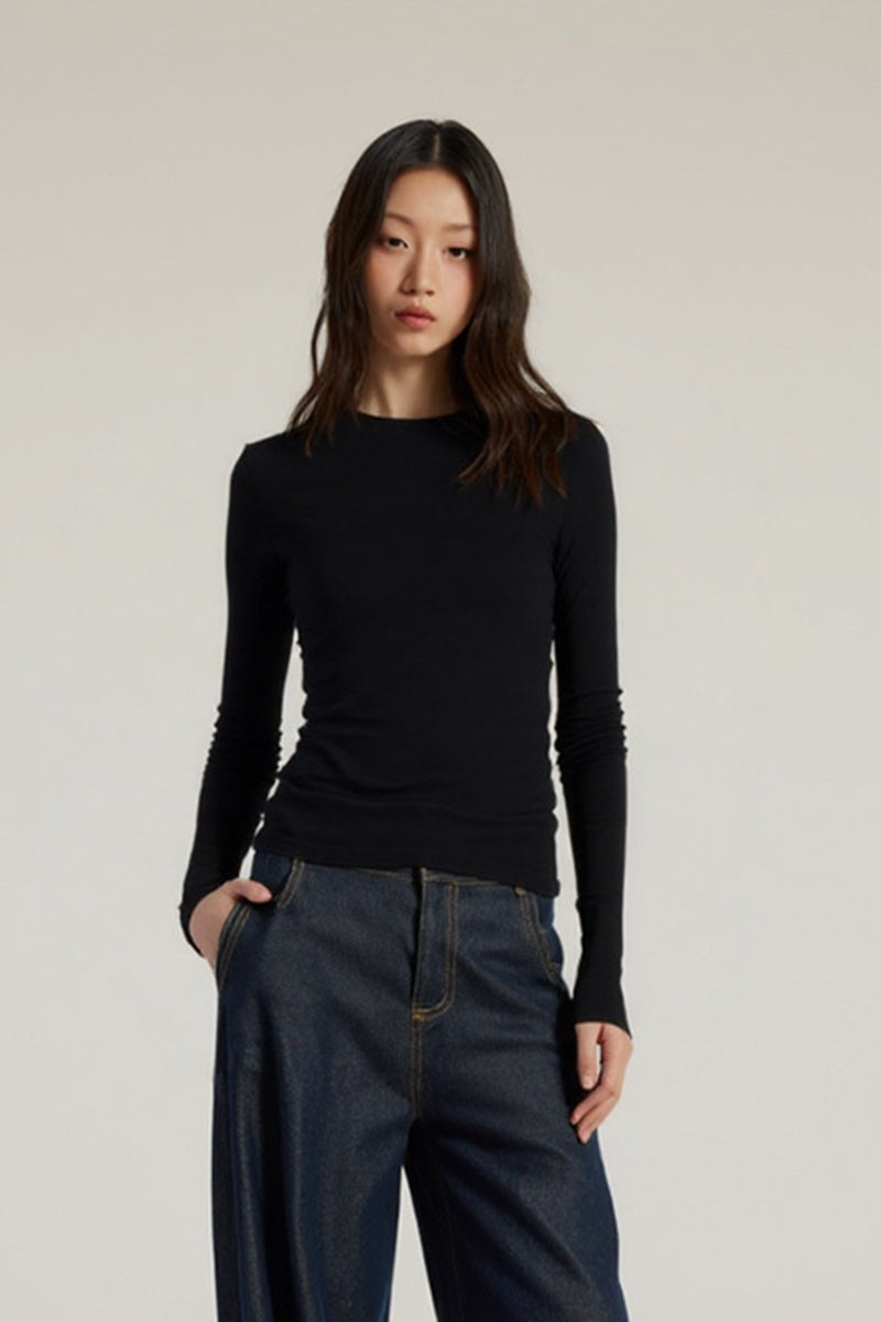 Women Slim Fit Round Neck Long Sleeve T-Shirt - Tencel Wool Blend