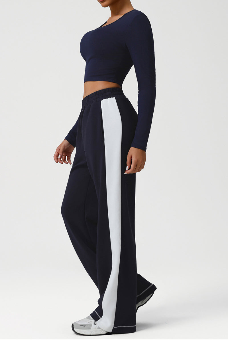 Women Color-Block Ribbed Lounge Set: Cropped Long-Sleeve Top + High-Waist Wide-Leg Pants