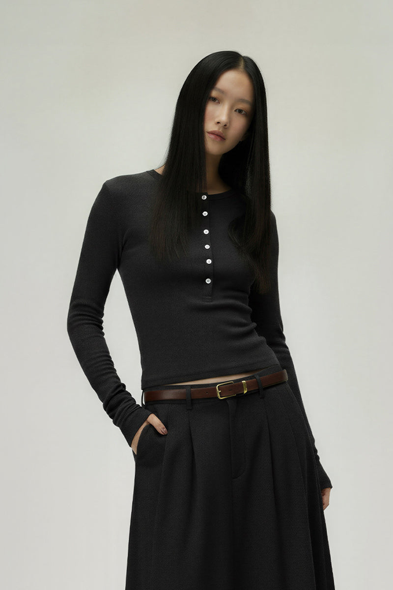 Women Slim Fit Henley Neck Long Sleeve T-Shirt - Tencel? Blend