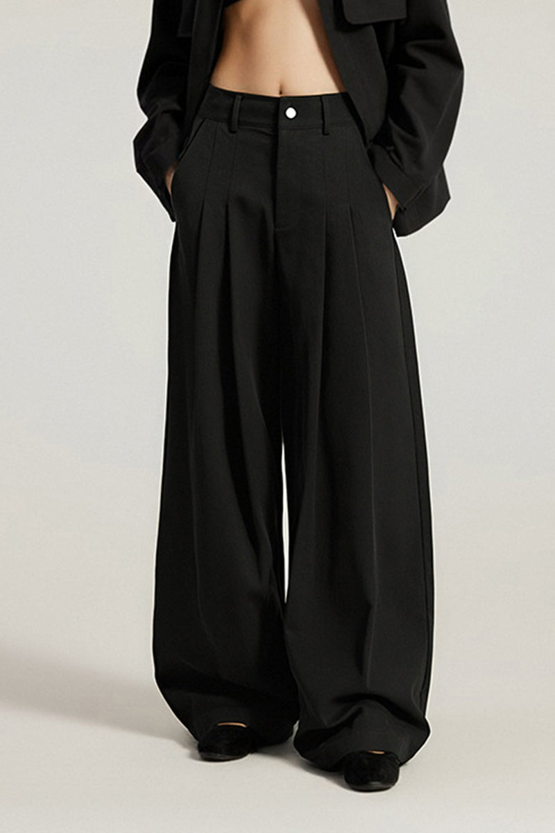 Women High-Waisted Wide-Leg Pleated Trousers - British Twill Cotton