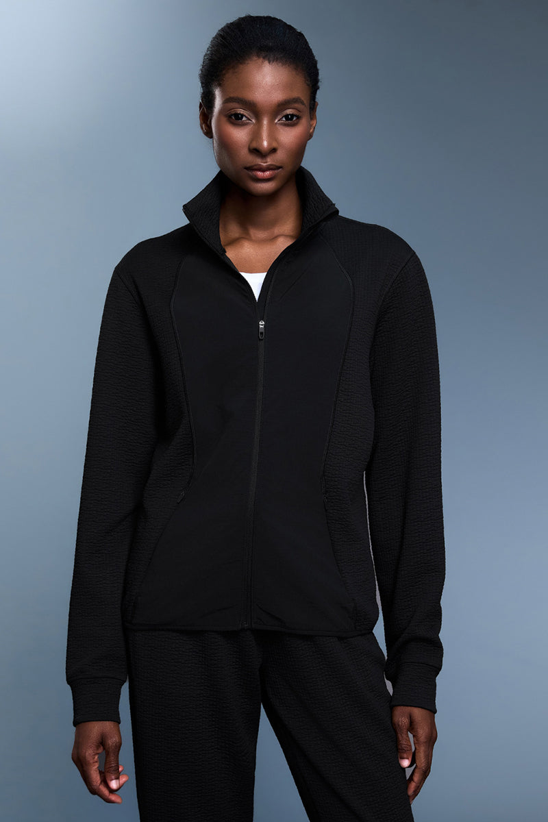 Women Waffle Knit Stand Collar Slim Fit Zip Up Athletic Jacket